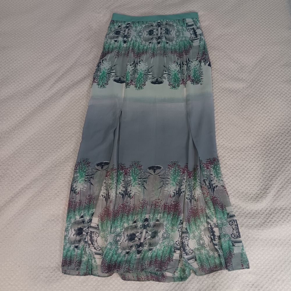 W118 Walter Baker Teal Gray Water Color Print Maxi skirt Partially Lined Small - Picture 3 of 13